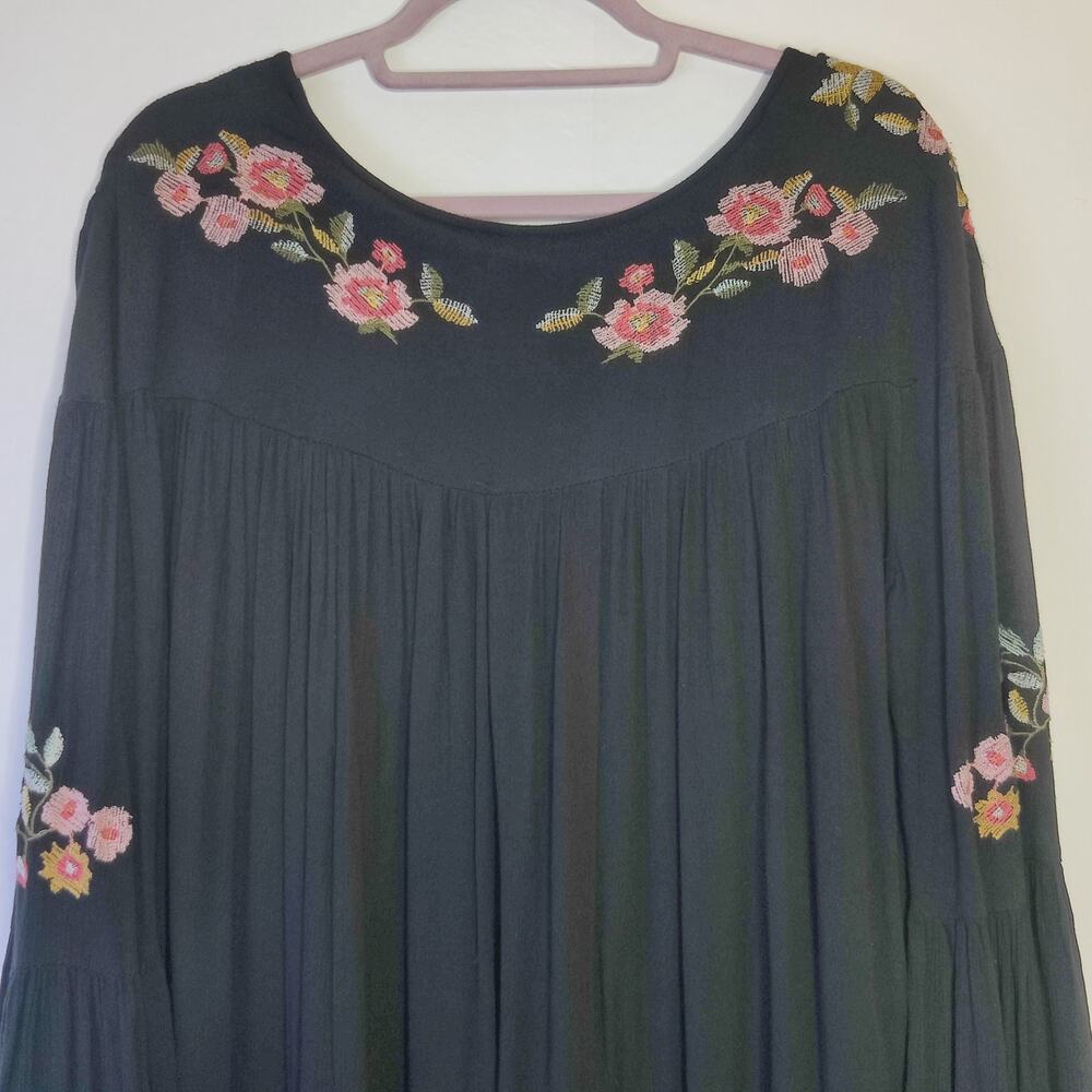 Free People Te Amo Black Gauzy Floral Embroidered Boho Babydoll Mini Dress Large - Picture 9 of 16